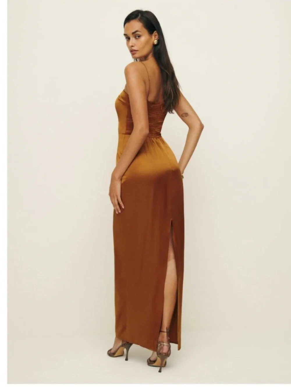 Reformation Frankie Slip Dress Silk  Square-Neck Slip Dress in Caramel - Picture 3 of 9